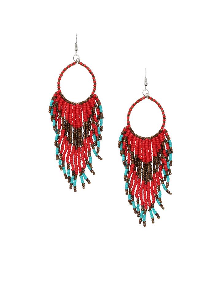 Shein Beaded Fringe Drop Earrings - Red