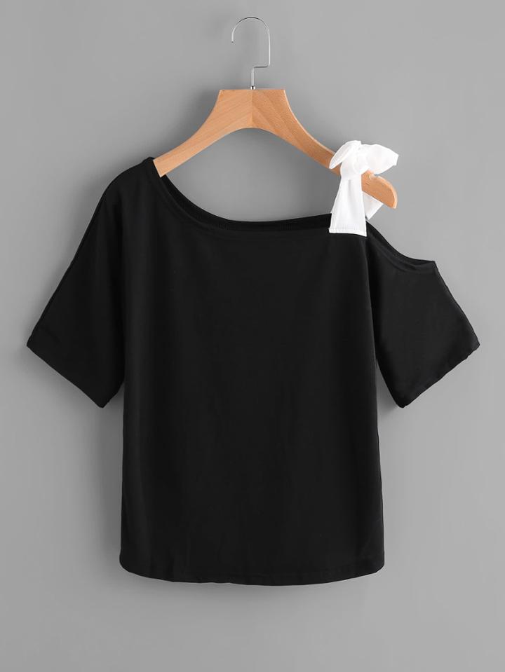 Shein Asymmetrical Bow Tie Shoulder Tee