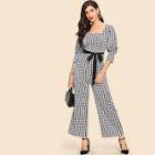 Shein Waist Belted Square Neck Plaid Jumpsuit
