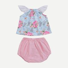 Shein Girls Floral Print Contrast Lace Sleeve Top With Shorts