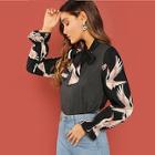 Shein Crane Print Tie Neck Top