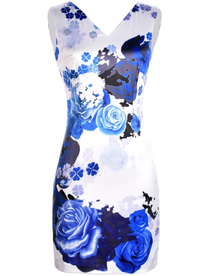 Shein White V Neck Backless Print Sheath Dress