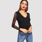 Shein Contrast Lace V-neck Solid Tee