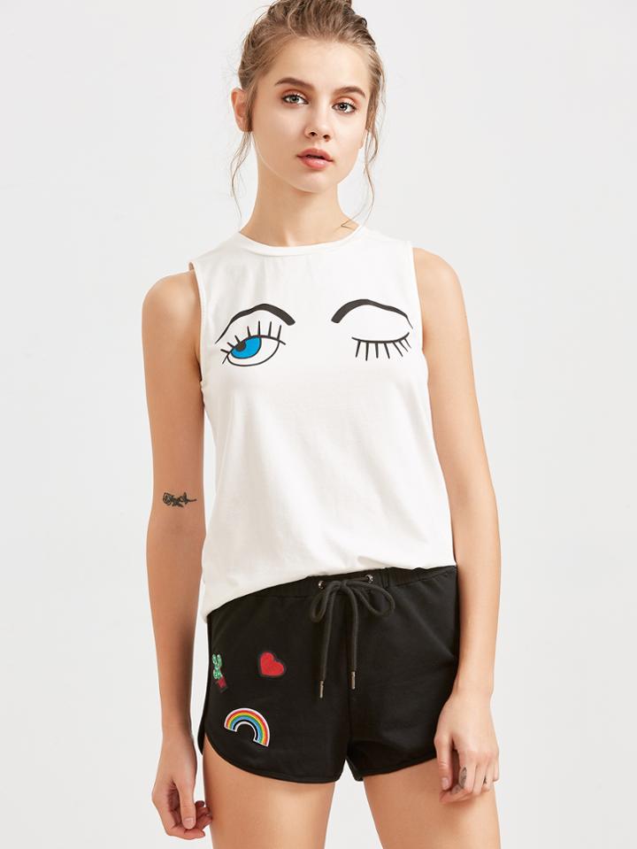 Shein White Wink Eyes Print Tank Top