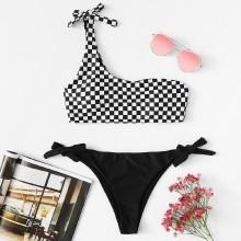 Shein One Shoulder Checked Print Bikini Set