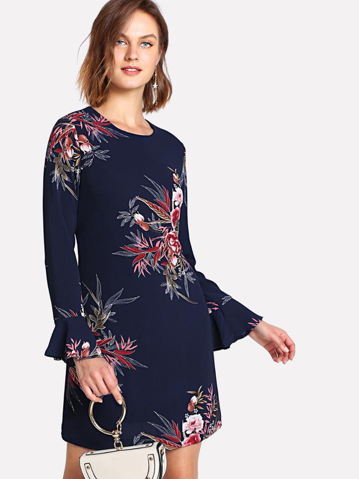 Shein Botanical Print Flounce Sleeve Dress