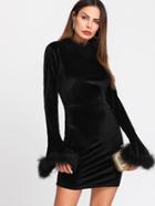 Shein Contrast Faux Fur Bell Cuff And Neck Velvet Dress
