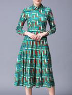 Shein Green Lapel Print Pleated A-line Dress