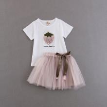 Shein Girls Strawberry Applique Tee With Mesh Skirt