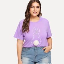 Shein Plus Rabbit Print Faux Fur Pompom Detail Tee