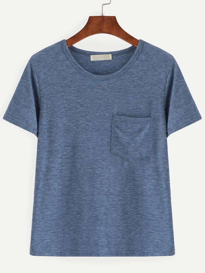 Shein Blue Slub T-shirt With Pocket