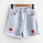 Shein Heart Embroidered Raw Hem Denim Shorts