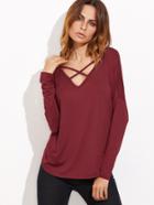 Shein Burgundy Crisscross V Neck Curved Hem T-shirt