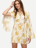 Shein Yellow Floral Print Bell Sleeve Dress