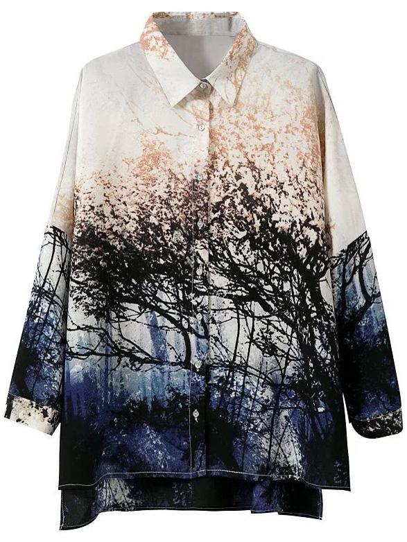 Shein Multicolor Dip Hem Split Side Landscape Print Blouse