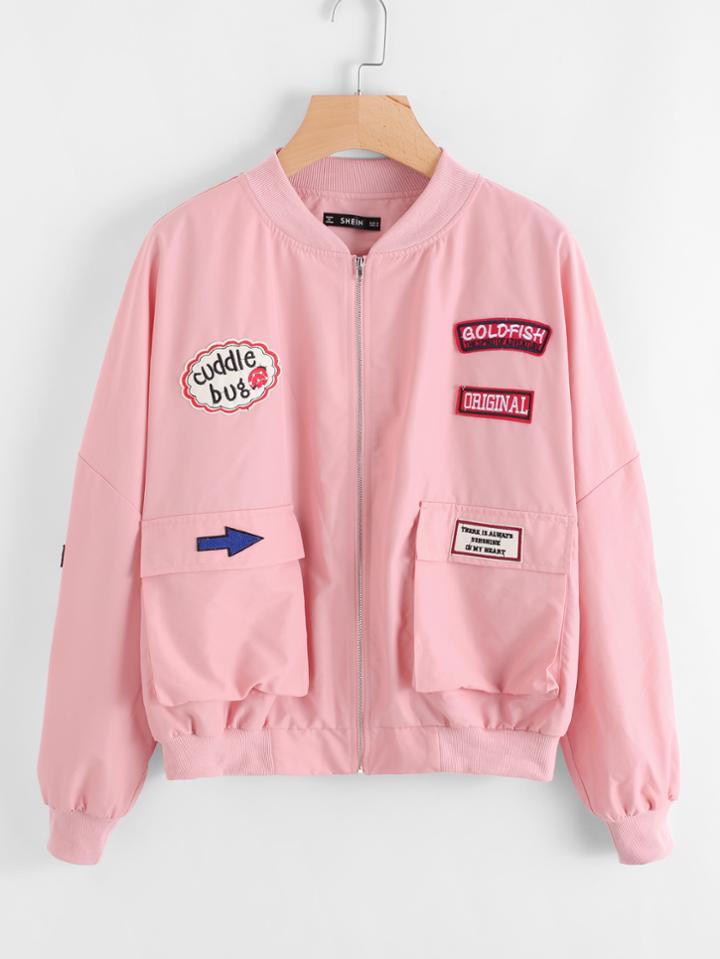 Shein Patch Detail Flap Pocket Front Bomber Jacket