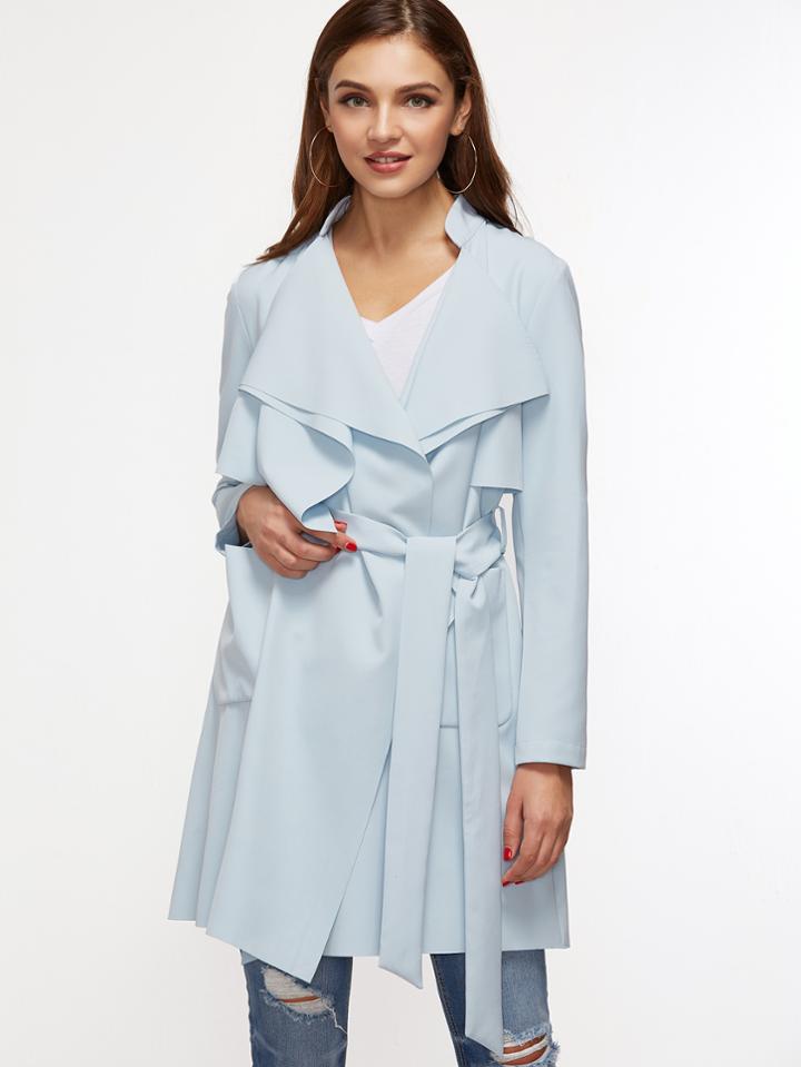 Shein Blue Drape Collar Pocket Front Wrap Coat