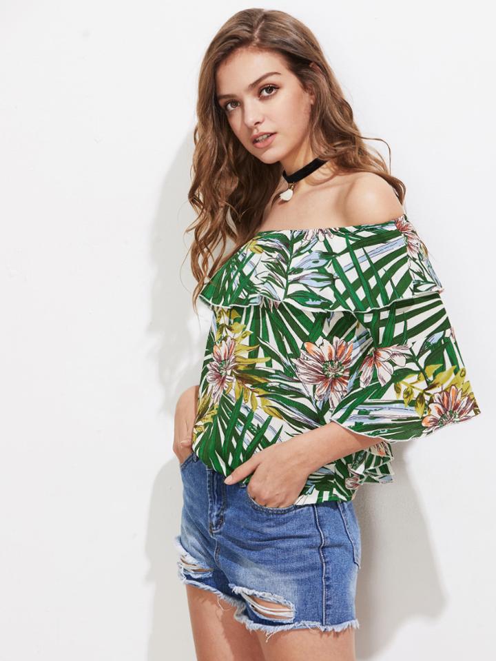 Shein Tropical Print Flute Sleeve Ruffle Blouse