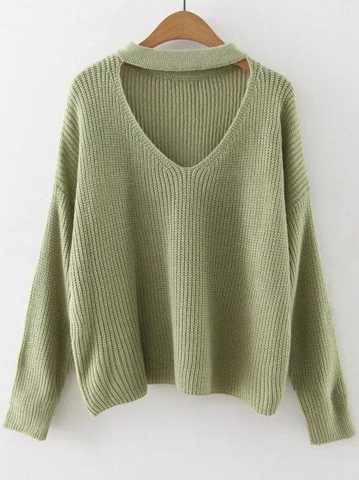 Shein Choker V Neckline Drop Shoulder Sweater