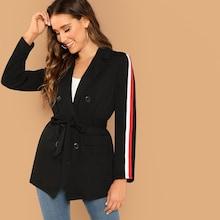 Shein Striped Side Double Breasted Placket Belted Blazer