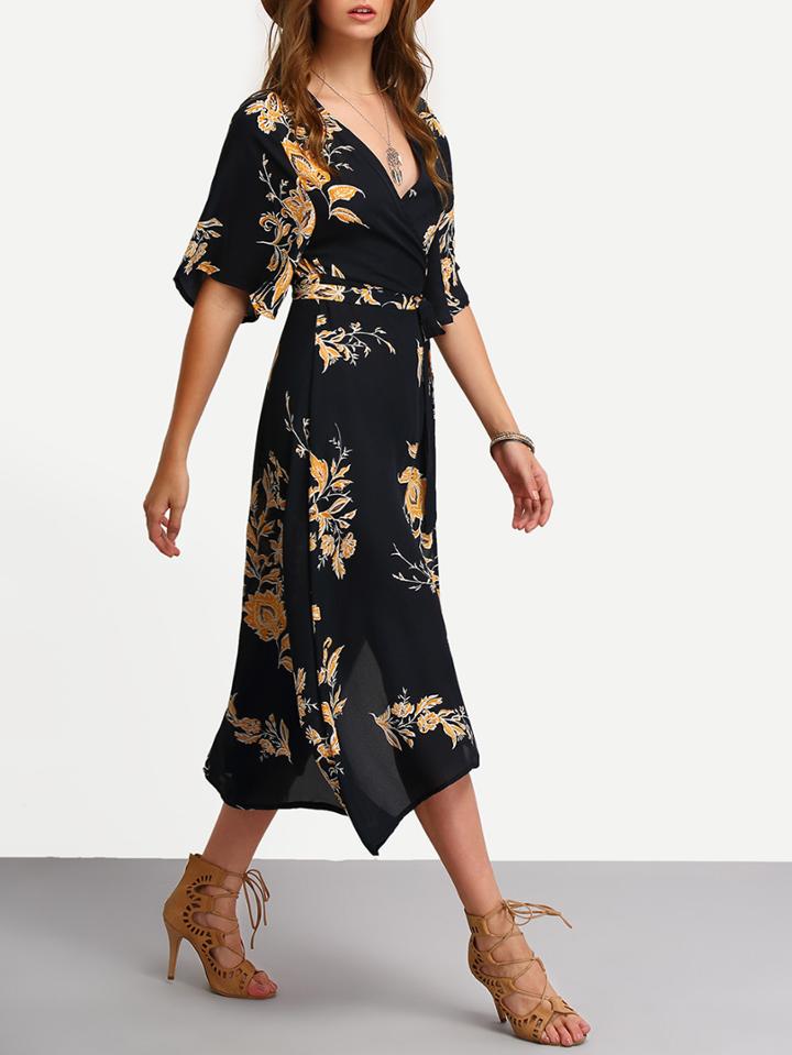 Shein Surplice Front Florals Wrap Dress