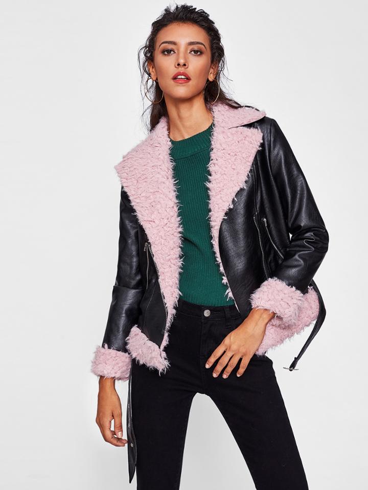 Shein Faux Fur Lined Belted Hem Biker Jacket
