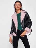 Shein Faux Fur Lined Belted Hem Biker Jacket