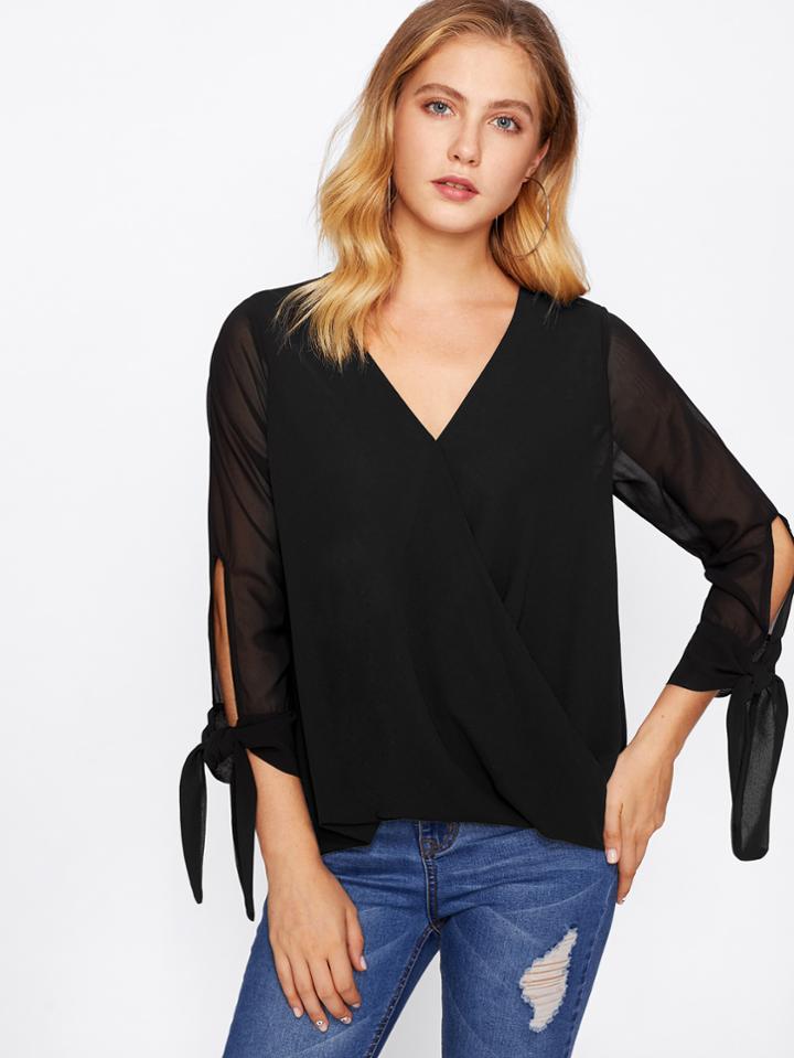 Shein V Neckline Tie Open Sleeve Surplice Chiffon Top