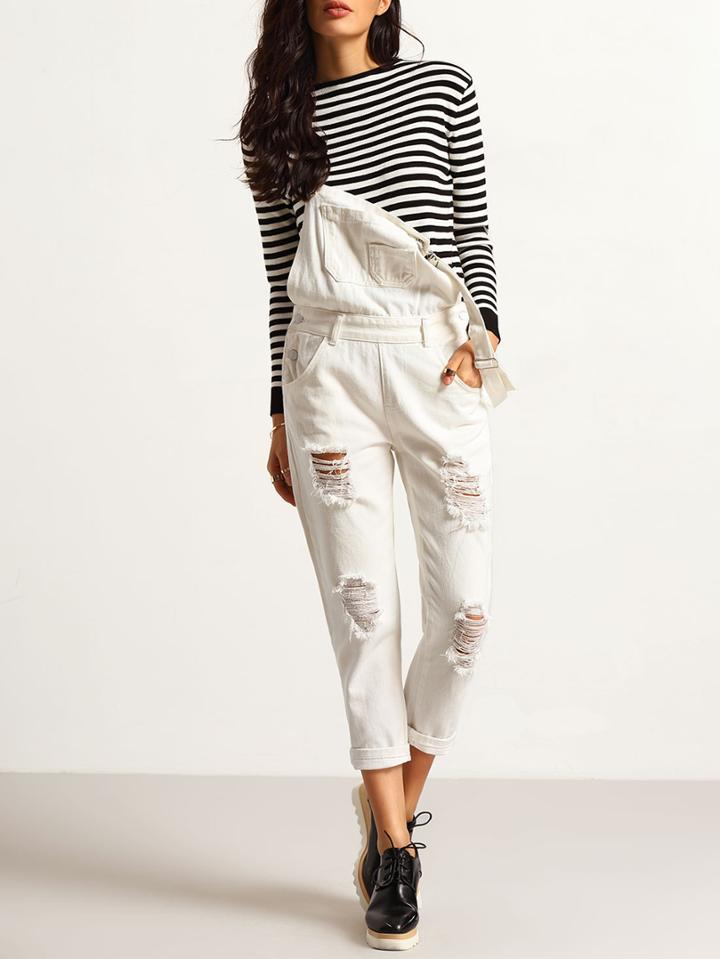 Shein White Strap Ripped Denim Jumpsuit