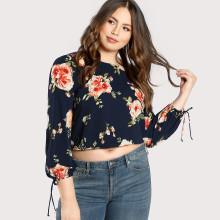 Shein Plus Floral Print Tie Sleeve Top