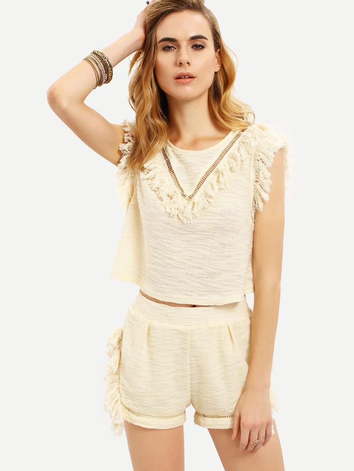 Shein Apricot Crochet Insert Tassel Trim Crop With Shorts