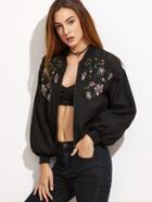 Shein Black Flower Embroidered Lantern Sleeve Jacket