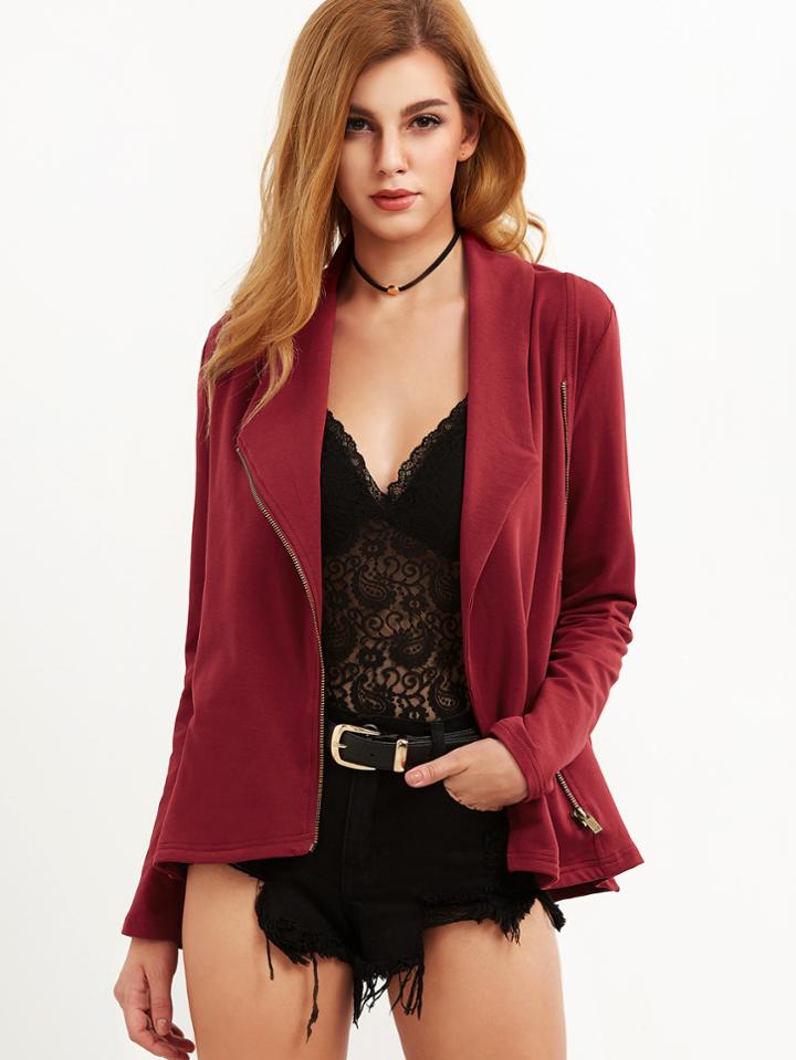 Shein Burgundy Shawl Collar Asymmetric Zip Jacket