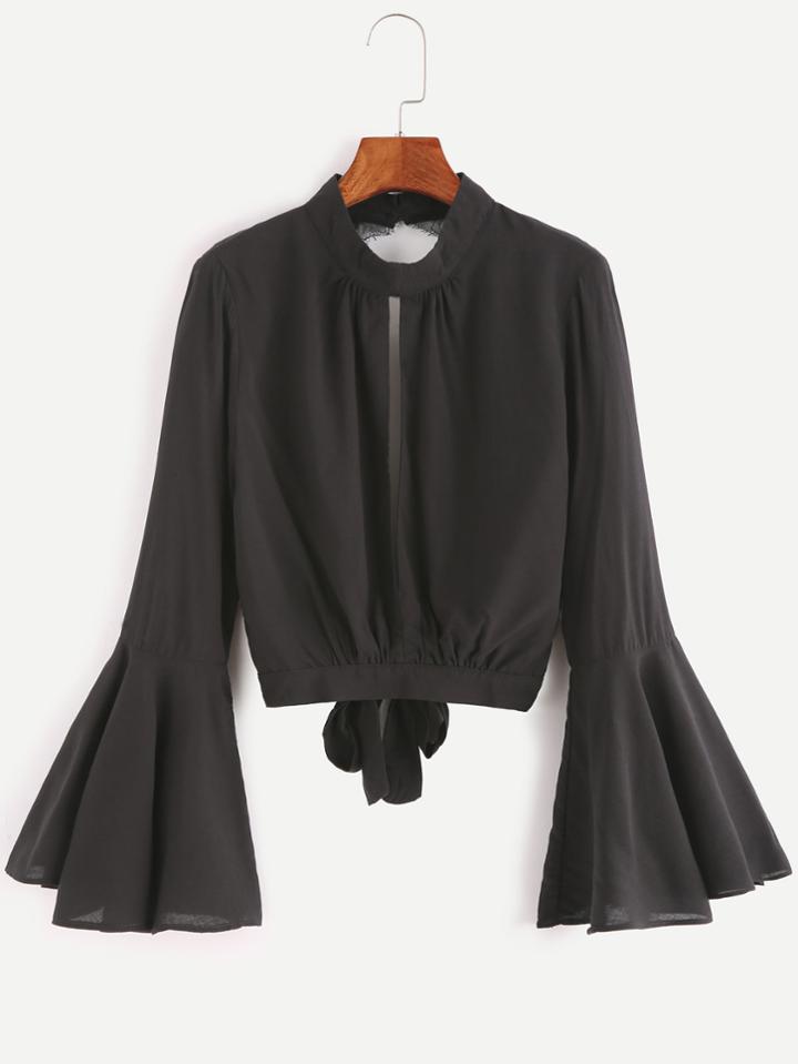 Shein Black Split Open Back Contrast Lace Bow Tie Top