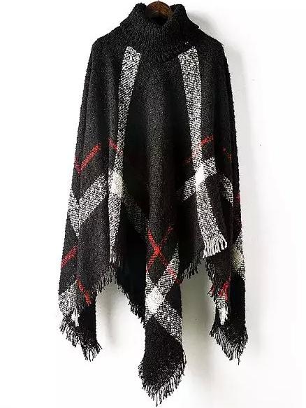 Shein Black High Neck Plaid Tassel Cape