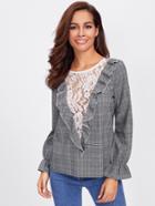 Shein Contrast Lace Insert Ruffle Trim Plaid Top