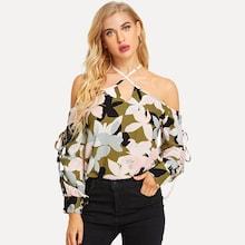 Shein Floral Print Criss Cross Drawstring Sleeve Blouse