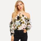 Shein Floral Print Criss Cross Drawstring Sleeve Blouse