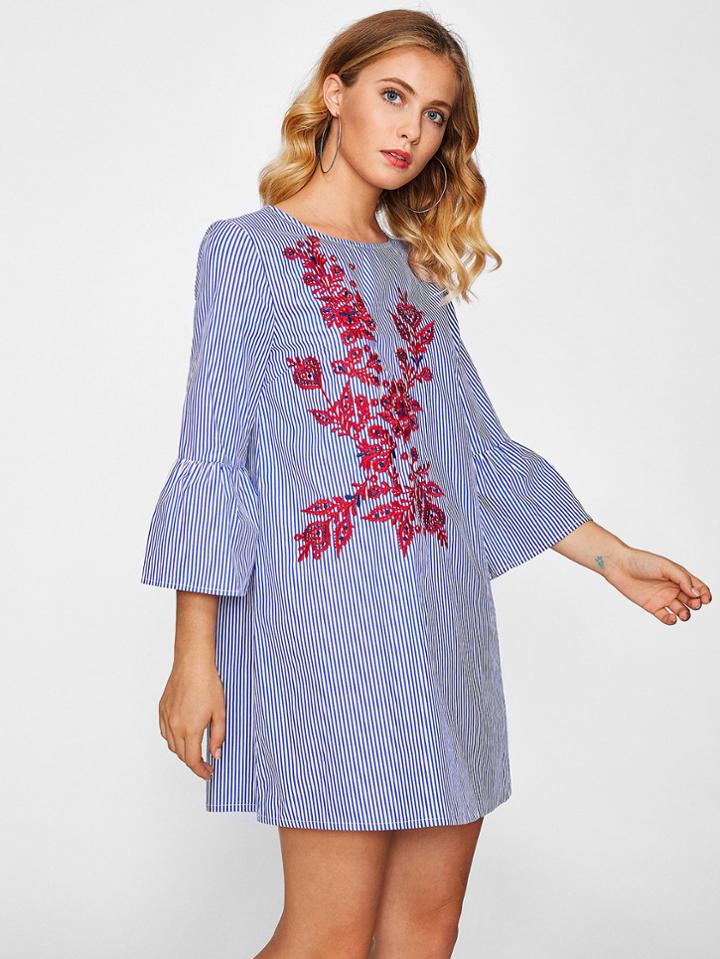 Shein Fluted Sleeve Vine Embroidered Pinstripe Dress