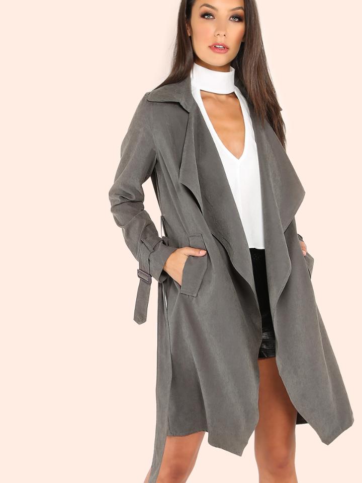 Shein Suede Belted Trench Coat Grey