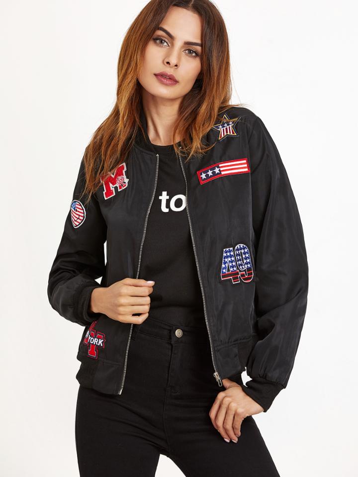 Shein Black Zip Up Bomber Jacket With Patch