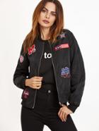 Shein Black Zip Up Bomber Jacket With Patch