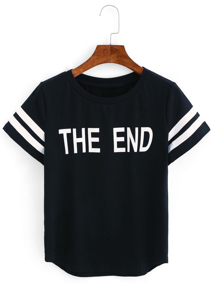 Shein Letters Print Striped Trim T-shirt