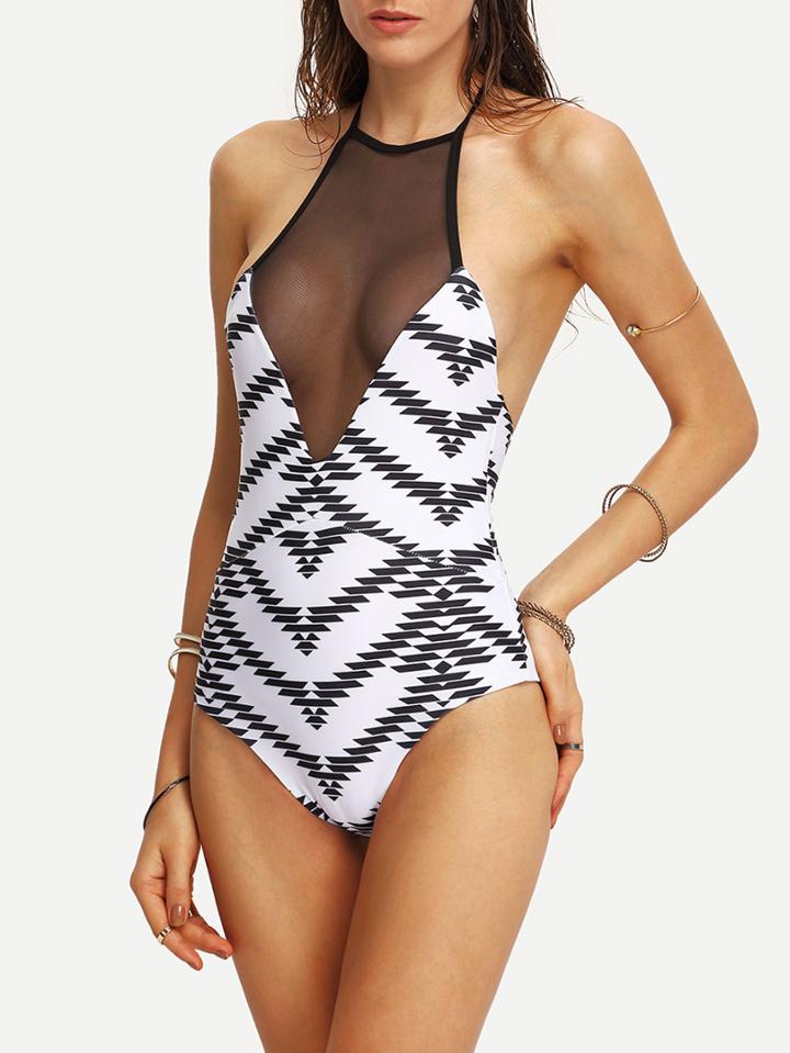 Shein Mesh Insert Geometric Print One-piece Swimwear