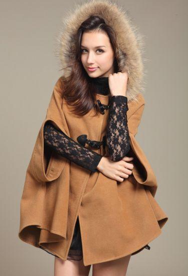 Shein Camel Fur Hooded Bow Cape Woolen Coat