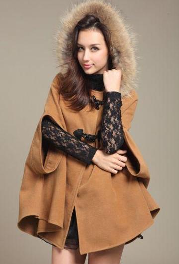 Shein Camel Fur Hooded Bow Cape Woolen Coat
