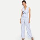 Shein Notch Neck Button Embellished Striped Jumpsuit