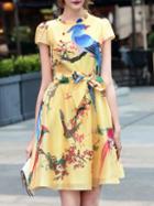 Shein Yellow Tie-waist Birds Print A-line Dress