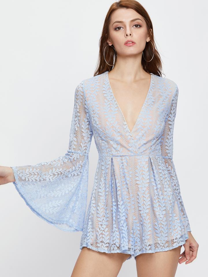 Shein Blue Deep V Neck Bell Sleeve Romper