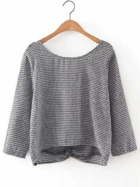 Shein Black And White Houndstooth V Back Dip Hem Blouse